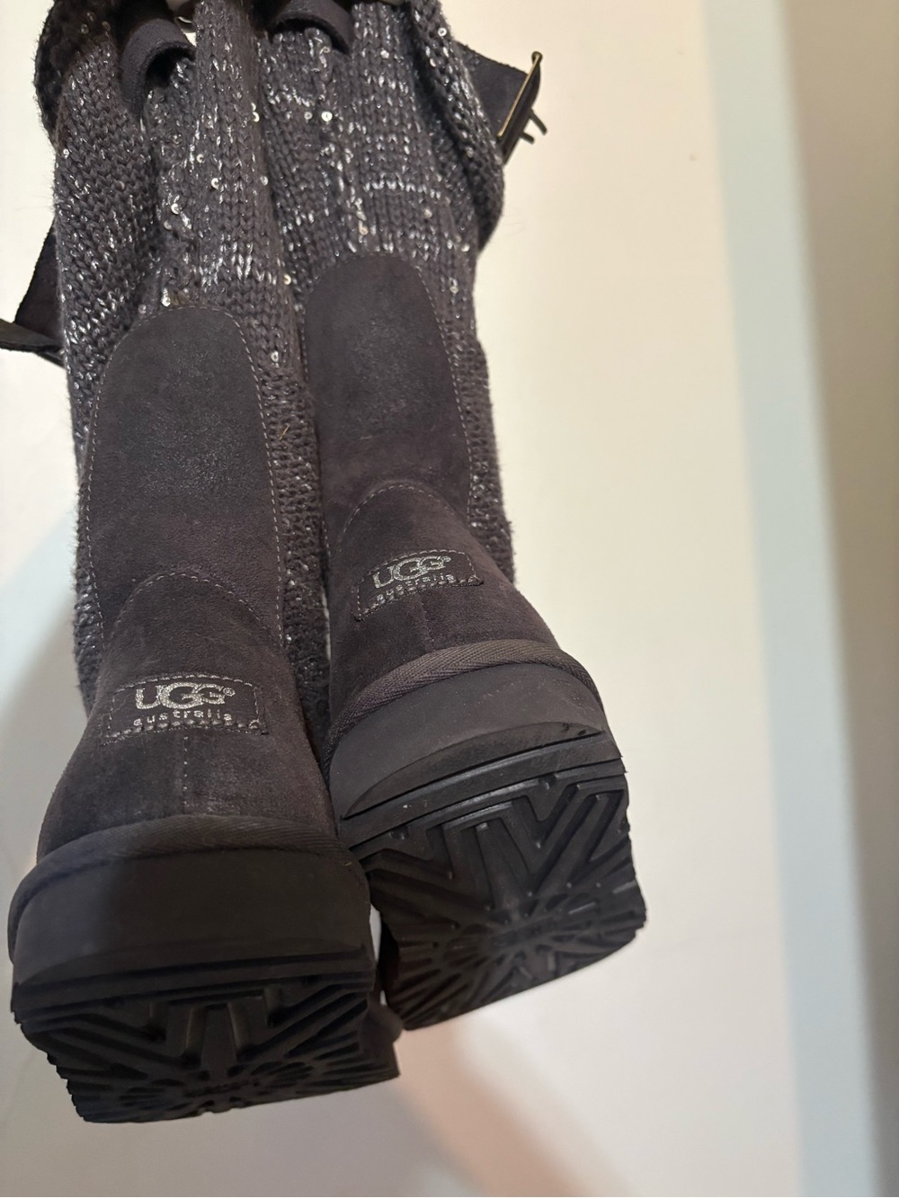 UGG Charcoal Suede & Knit Mid-Calf Heeled Boots